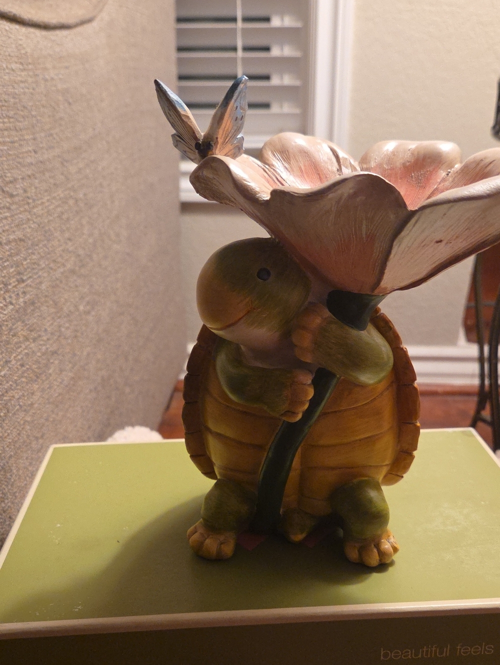 Decorative Turtle Garden Figurine with Pink Flower - Green/Brown Accent